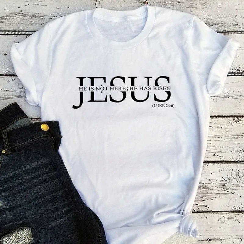 Jesus T Shirts Classic Jesus Couple Clothes He Is Not Here He Has Risen Religious Streetwear Print Women Tshirt M